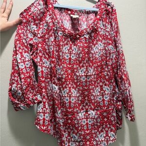 St. John's Bay Red and White Ruffled 3/4 Sleeve Blouse